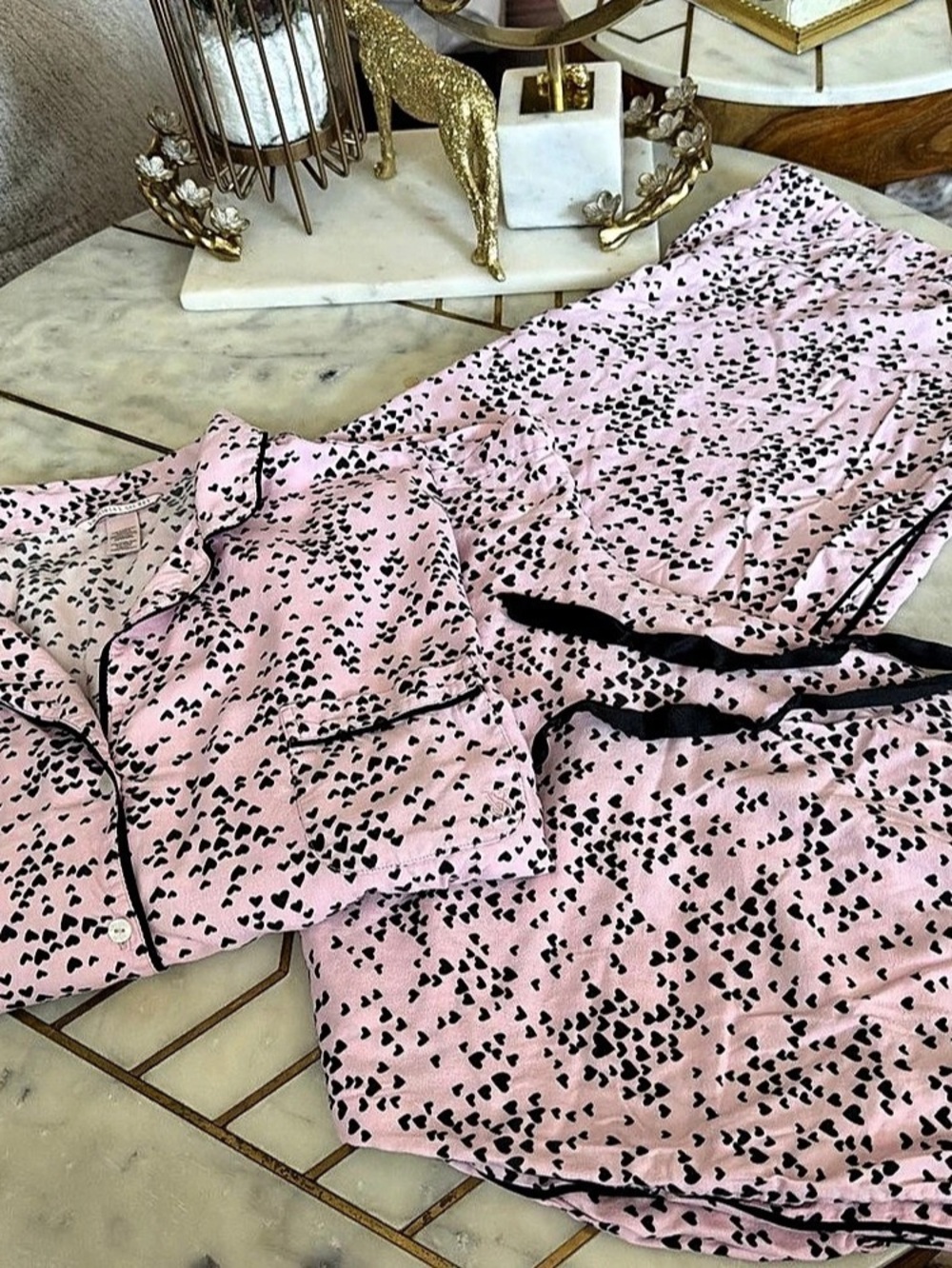 Victoria's Secret Signature Satin Long Pajama Set Pink & Black XL